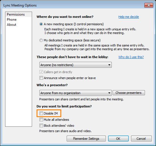 Disable/mute instant messages from attendees during a meeting