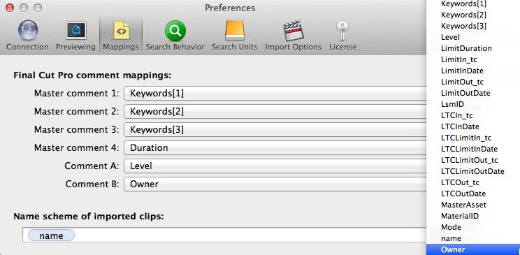 You can select which fields from IPDirector are mapped to which of the 6 Final Cut Pro fields.