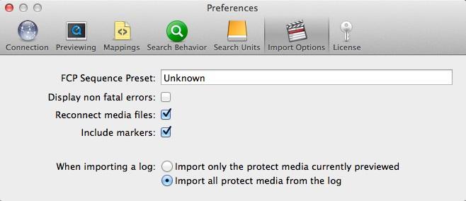 4.3.5 FCP Import options The Import options tab allows you to specify predefined import options (FCP Sequence preset, display of non fatal errors, reconnection to media files and inclusion of