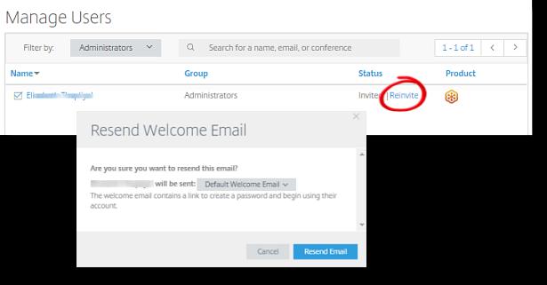 Re-invite users Administrators can resend activation emails to organizers to encourage them to use their new account.