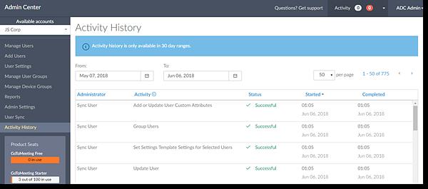Use the Activity History The Activity History page enables you to see admin activities by all admins on your account for a 30-day date range.