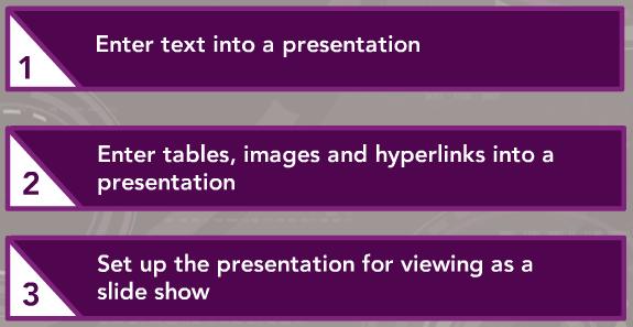 Using an actual presentation in progress, learners can see how to set up and design a presentation.