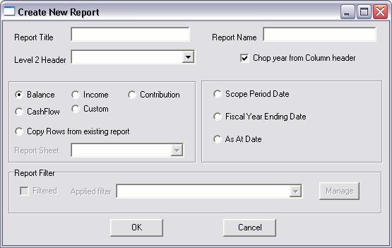 Figure 5 Create New Report window As a minimum, a report is defined by these parameters: Report Title the report title. This field is mandatory. Report Name the report name, or identifier.