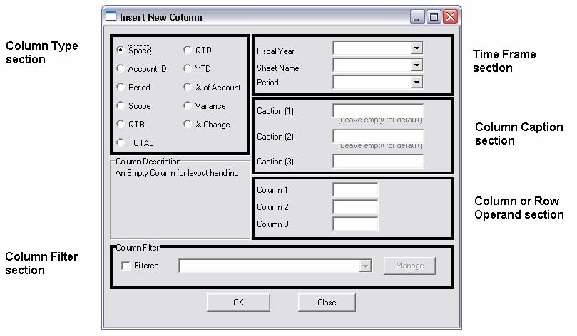 Figure 19 Insert New Column window There are five potential column parameters: Column type selection the type of information that the column contains.