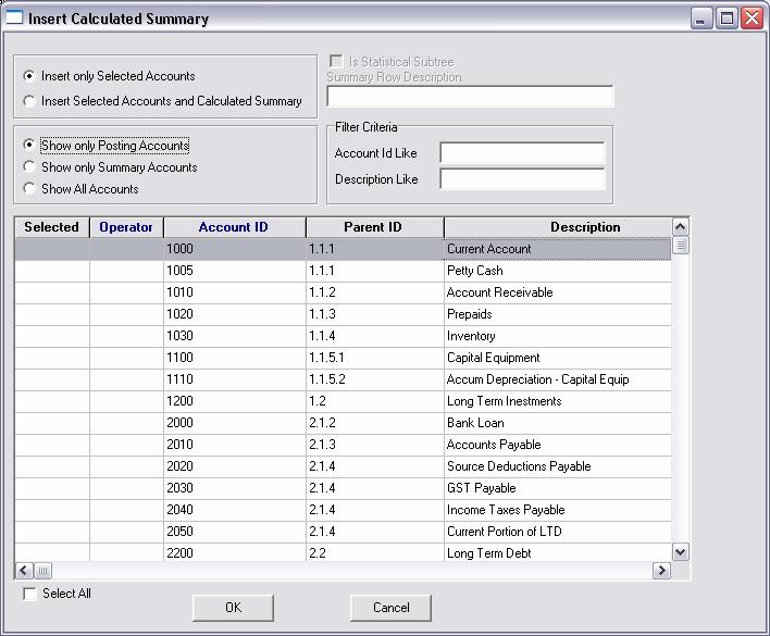 Figure 22 Insert Calculated Summary window There are two row parameters: Type of row. Account(s), or row(s), to be selected for inserting into the report.