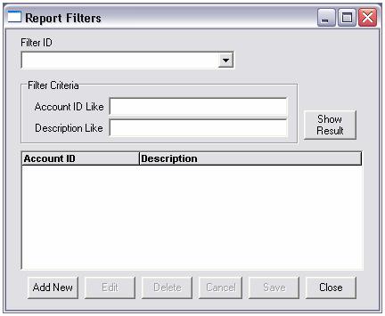 Report Filters A filter is a way to reduce, or limit, the number of accounts included in the report. Filters are defined in the Report Filters window, as illustrated in the following figure.
