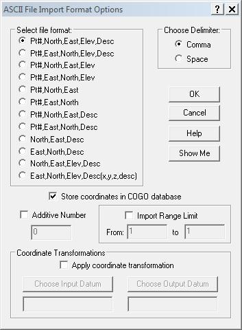 Select "Coordinates Delimited" Configure the next dialog as below (Ensure your North, East ordering matches that of the STAR*NET Project) Pick "OK" twice Navigate to either the PTS (If you need