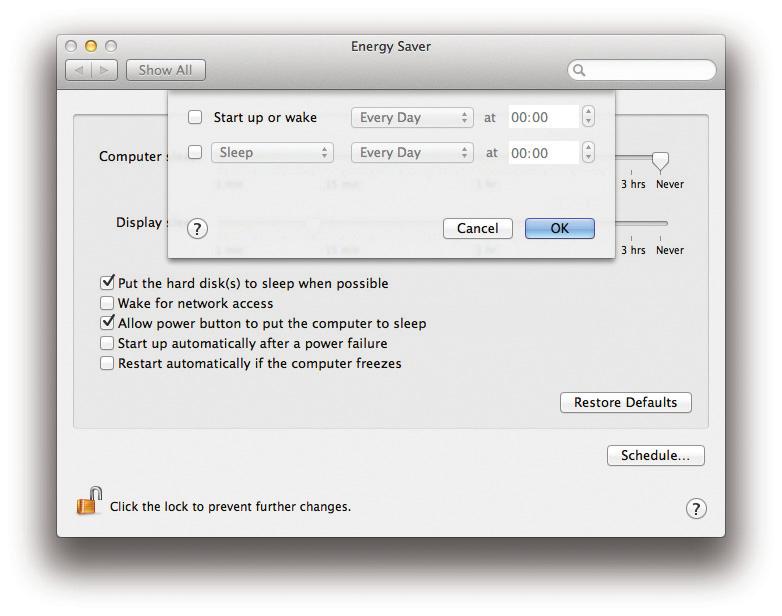24 Welcome to the Mac! Power Management The Energy Saver setting is useful if you have a laptop, but can also be useful with desktop Macs.