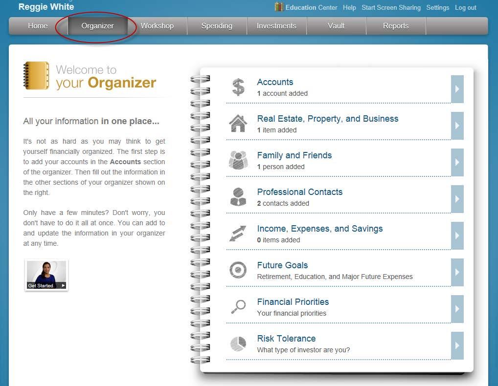 4. The Organizer is a place to enter your data,
