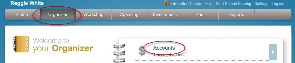 5. To add accounts to the Organizer, click Accounts. 6.