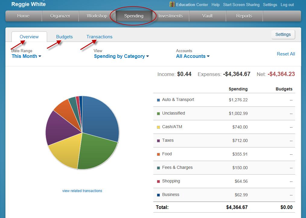 10. The Spending tab allows you to track your spending habits and build a custom budget. a. The Overview tab provides a pie chart based off of recent transactions imported from aggregated accounts. b. The Budget window is a snapshot that allows you to monitor if you are on track with your monthly budget.