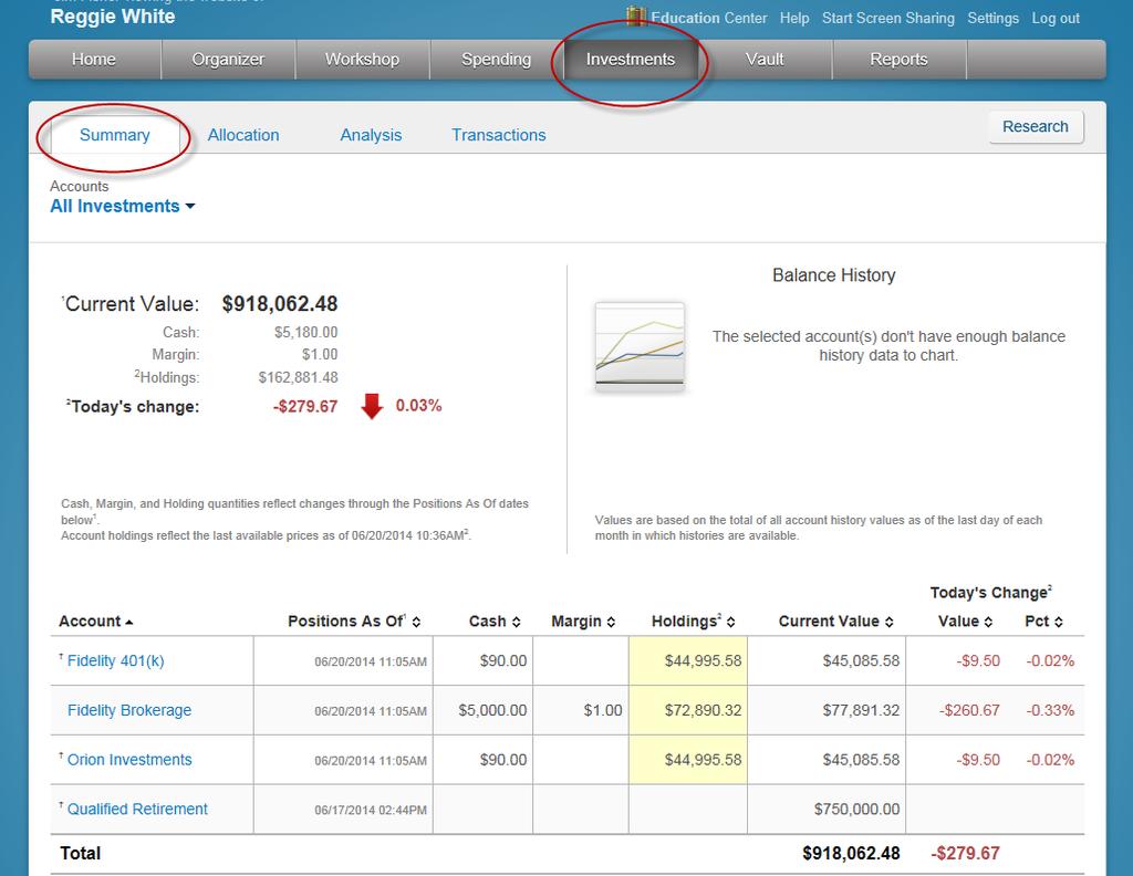 11. The Investments tab allows you to view up to date