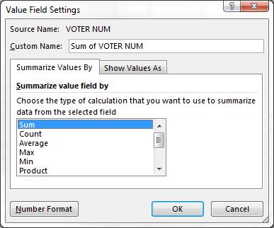 This will change the Custom Name from Sum of VOTER NUM to Count of VOTE NUM. Microsoft Excel has guessed I want the Voter Num field treated as numbers to be added together!
