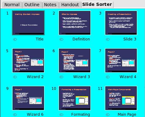 Slide Sorter Slide Sorter view contains all of the slide thumbnails (Figure 15). This view allows the selection of multiple slides for the purpose of changing the order.