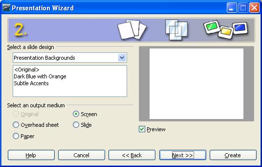 Creating a new presentation From Template uses a template design already created as the basis for a new presentation. The wizard changes to show a list of available templates.