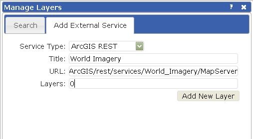 You can import ArcGIS Tile Cache, ArcGIS REST, WFS, WMS, GeoRSS, KML or KMZ services. To add an external service: Click on the Layers arrow then click on Add Layer + The Manage Layers box will appear.