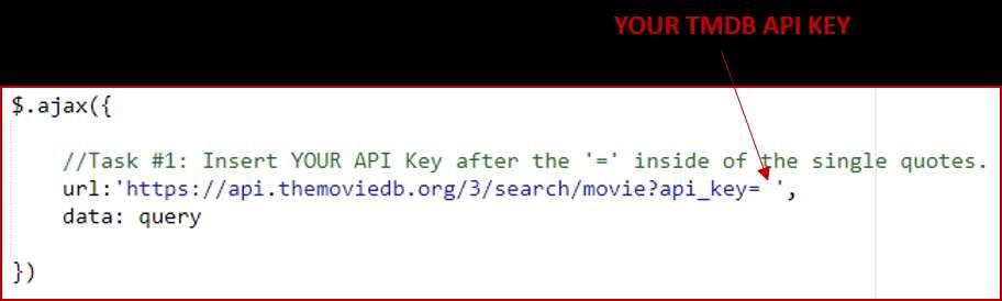 Step 3: Add Your TMDB API Key to Movie.js file 1. Open the Movie.js file in Cloud9. 2. Please read through the file for understanding.