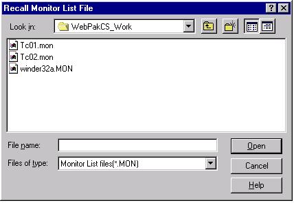 5.6 Displaying a Monitor List To display a previously saved monitor list in the WebPakCS Parameter Monitor screen, use the Recall button. The monitor list file must have been created and saved.