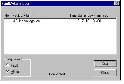 Figure 6.2 Sample Alarm Log List Box To switch between the fault and alarm list boxes, select the appropriate option for Log Select. The time stamp displays the time when the fault or alarm occurred.