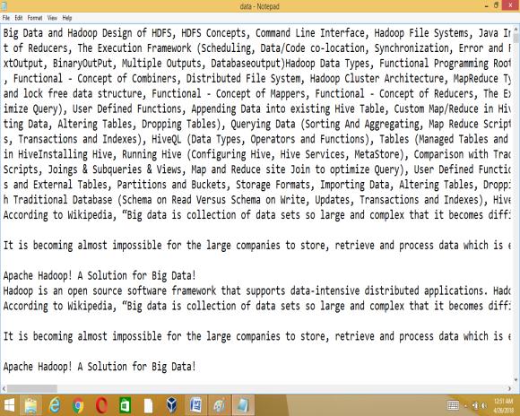 Unstructured Dataset Description 1. Unstructured Dataset 1 The data which is considered as unstructured data is a plain text file. Analysis is performed over text file using Pig, Hive and Map Reduce.