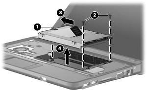 2. Use the Mylar tab to slide the assembly to the left (3) to disconnect it, and remove the assembly (4).