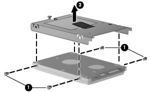 0 screws (1) that secure the hard drive bracket to the hard drive. 2. Using the Mylar tab, lift the bracket (2) away from the hard drive.