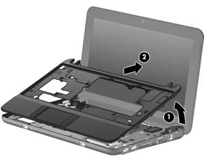 4. Turn the device right-side up, with the front toward you. 5. Open the device as far as possible. 6. Remove the 8 Phillips PM2.5 7.0 screws that secure the top cover to the base enclosure. 7. Lift the inside edge of the top cover (1) and swing it up.