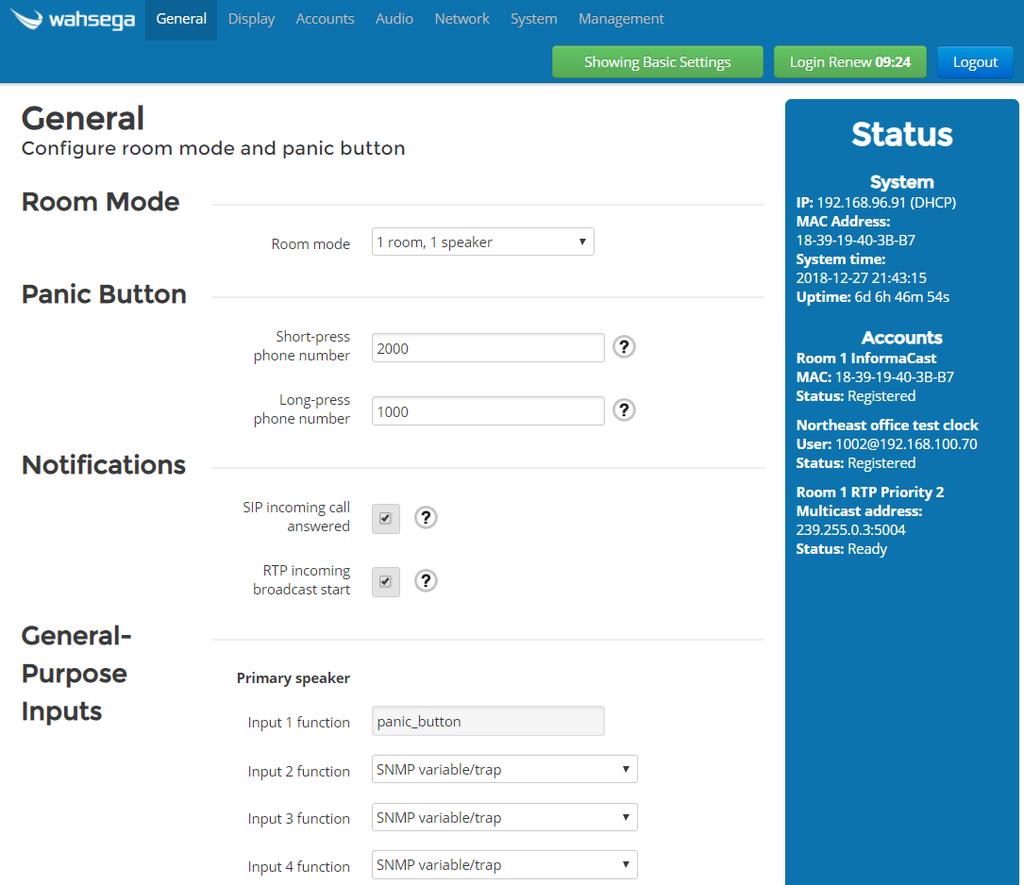 General Settings The General page configures settings for Room Mode
