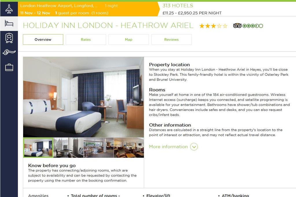 Hotel details The hotel details page includes area information, a map view and
