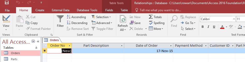Start Access and open a database called Relationships from your Access 2016 Foundation folder. You will notice the Orders and Parts tables in the navigation pane.