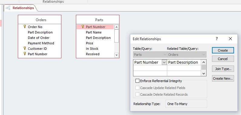 The Edit Relationships options box is displayed.