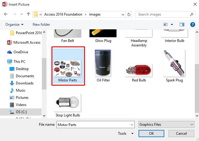 Access 2016 Foundation Page 159 Select an image file called Motor Parts.