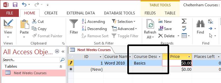 Access 2016 Foundation Page 41 Within the Course Description field, enter Basics.