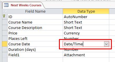 Select the Course Date field name. Make sure that the format is set to Short Date.