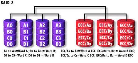 RAID 2 Hamming Code ECC Each bit of data word Advantages: "On the fly" data error correction Disadvantages: Inefficient Very high ratio of ECC