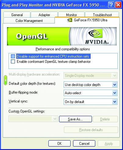 Mipmap detail level Maximum system memory for PCI mode textures Enable fog table emulation Custom Direct3D settings OpenGL Settings properties Performance and Compatibility options.