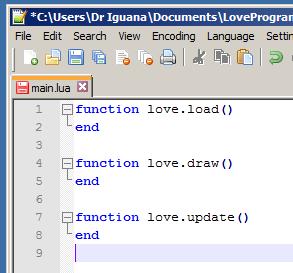 A Love Program Now that we have main.lua open in NotePad++, let s type in a bare bones Love program. Type the text on lines 1 through 8.
