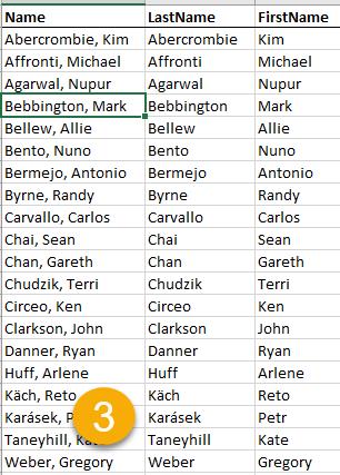 Flash Fill also works the other direction: to split a column of last name, first name into two columns. It is an excellent time saving tool.