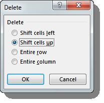 Delete Option Delete Cells Action Select the Cell to be to be deleted. Click the Delete command in the Cells Group on the Home Tab and select Delete Cells.
