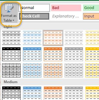 TABLES To make managing and analyzing a group of related data easier, you can turn a range of cells into a table. 1.