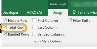 2. On the Table Tools Design tab, click the box next to Total Row to add a total row at the button of the