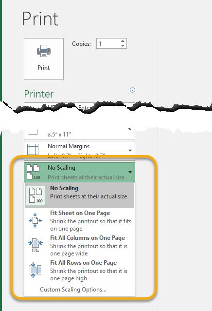 Scaling When printing a spreadsheet, it is helpful to know about scaling options. Occasionally users will have a spreadsheet that is too wide to fit onto one page, for instance. 1.