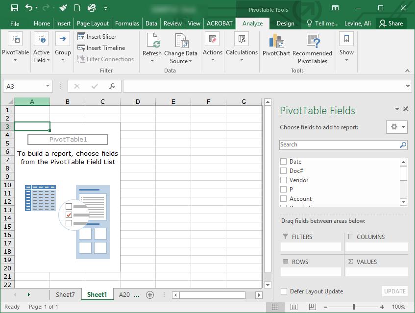 5. Drag fields from the Choose Fields section of the PivotTable Fields pane down to the squares that appear below: Filters, Rows, Columns and Values.