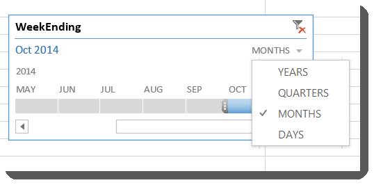 1. Place the cursor inside a pivot table 2. Select the Insert tab on the ribbon 3. Click the Timeline command 4. Select a date field (Week Ending) 5.
