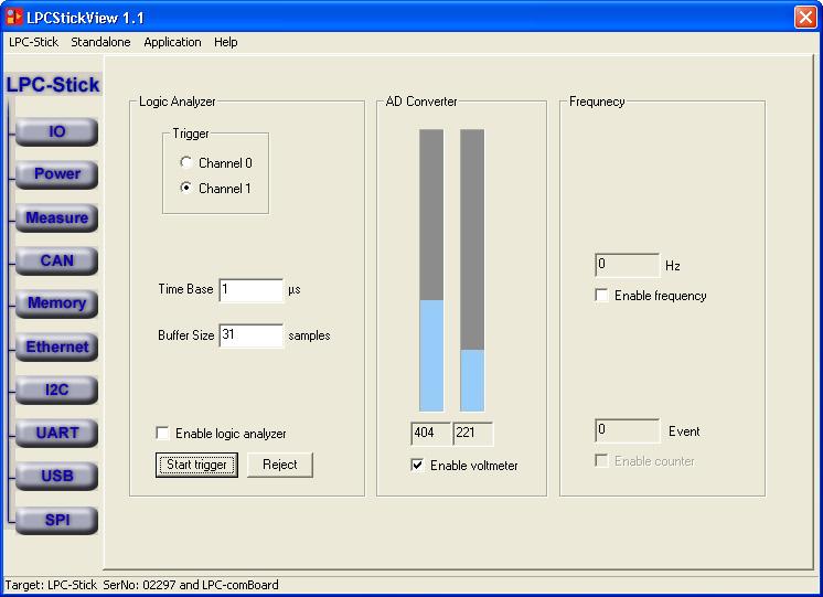 LPC-StickView User Interface 8 Measure This window page shows 3 different methods of measurement. First, a logic analyzer function can be selected.