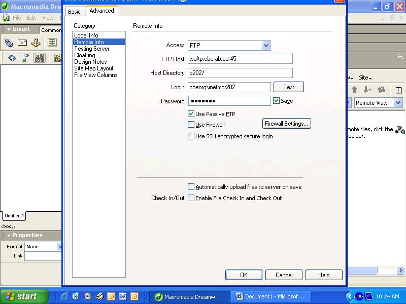These settings are for Dreamweaver CS3 Then proceed to