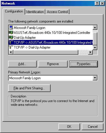 3.2.4 Configuring PC in Windows 98 1. Go to Start / Settings / Control Panel. In the Control Panel, double-click on Network and choose the Configuration tab. 2.