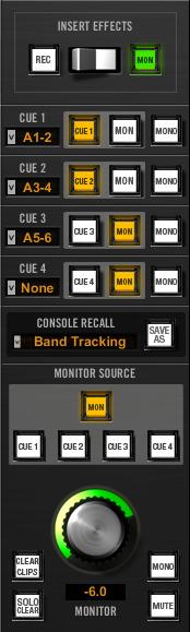 The Aux Meters have a peak hold feature, which holds signal peak values for a specified period of time. The clip and peak hold times can be adjusted in the Console Settings Panel.