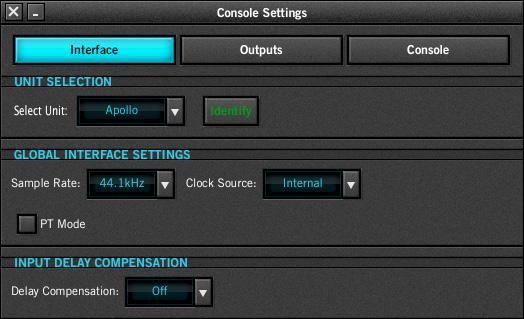 Interface Settings Panel The Interface panel is used to configure Apollo s system-level audio interface I/O settings such as sample rate, clock source, and output reference levels.