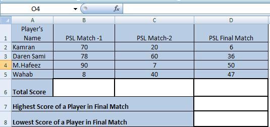 8) Consider the following spread sheet and answer the questions given below: 1) Write the function with cell range to find the following: a) Total Score of PSl Match-1 : =sum(b2:b5) b) Total Score